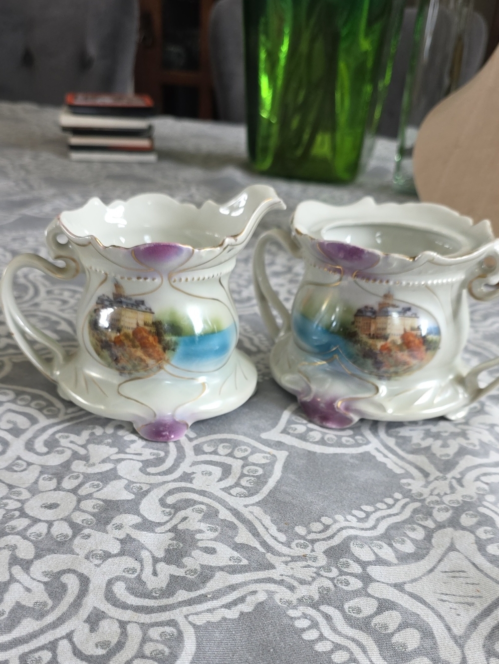 Hand-Painted Porcelain Creamer and Sugat with Red Bavaria Mark